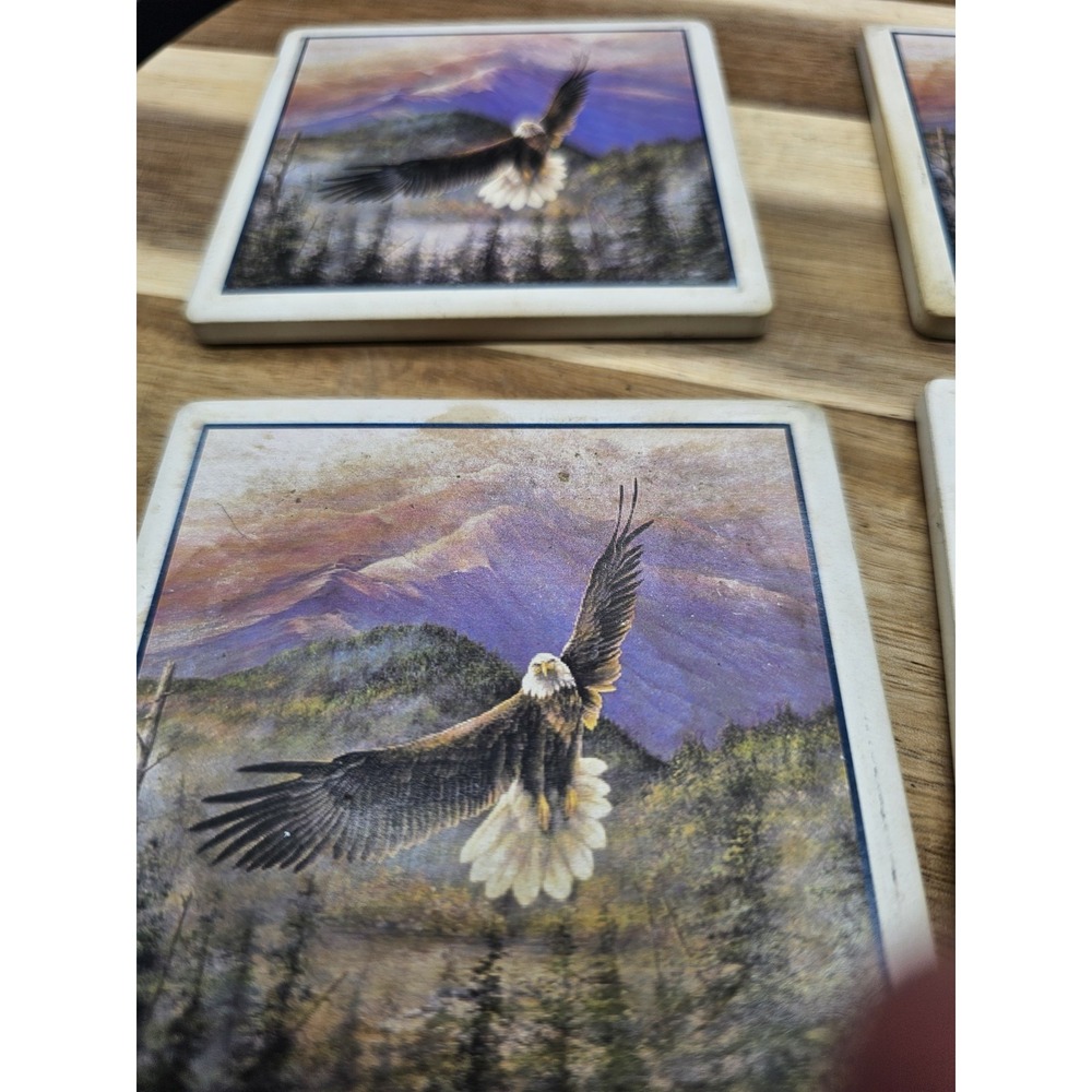 Set Of 4 Stone Coaster With American Eagle In Flight - Picture 3 of 7